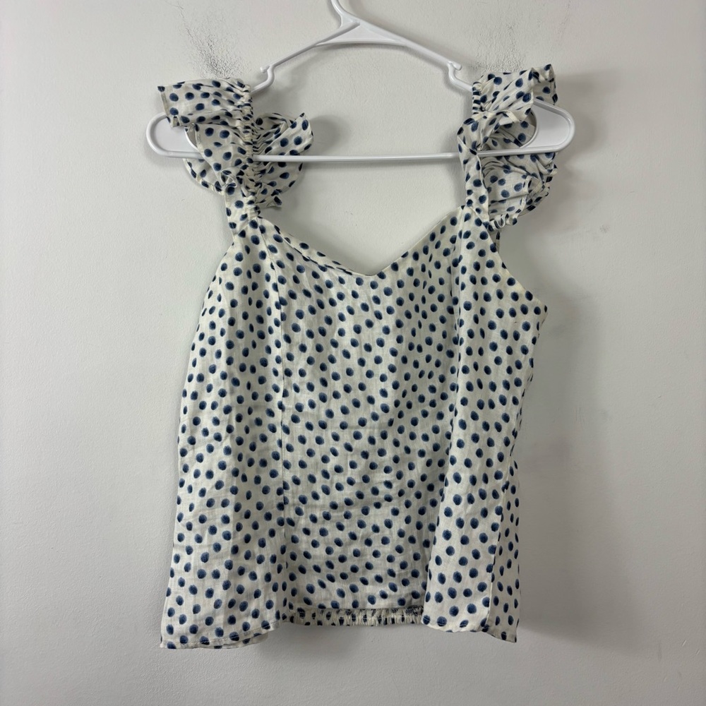 H&M Polka Dot Linen Tank Top Womens S Ruffle Straps Sweetheart Smocked Preppy